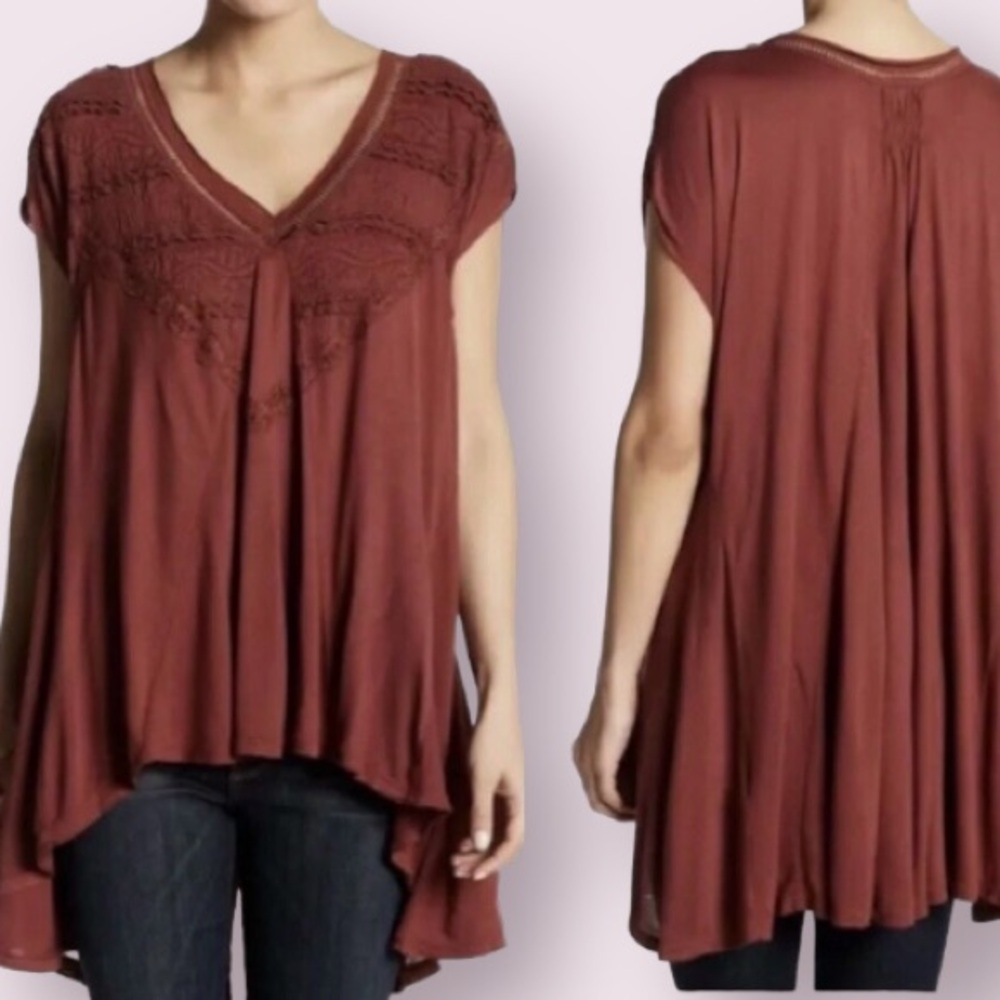 Free People Boho Abagail Tunic Top with Lace Detail in Rust